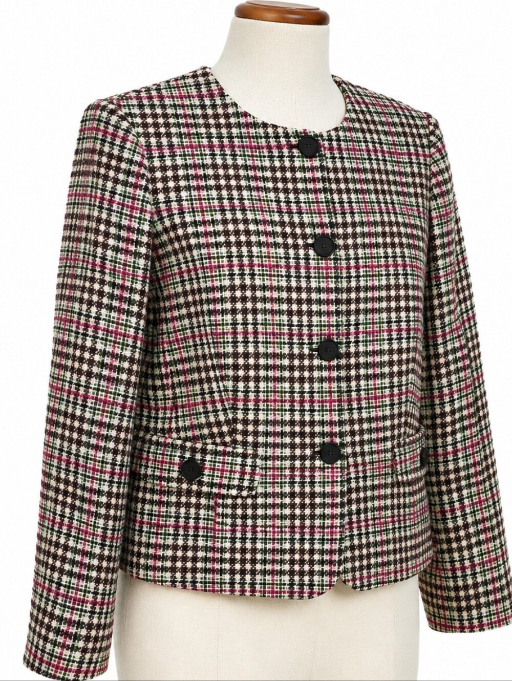 Vintage Talbots Womens Cropped Boxy  Blazer Pink Green Black Plaid Size 12